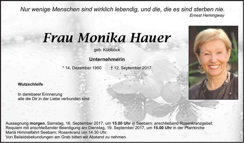 Traueranzeige Monika Hauer