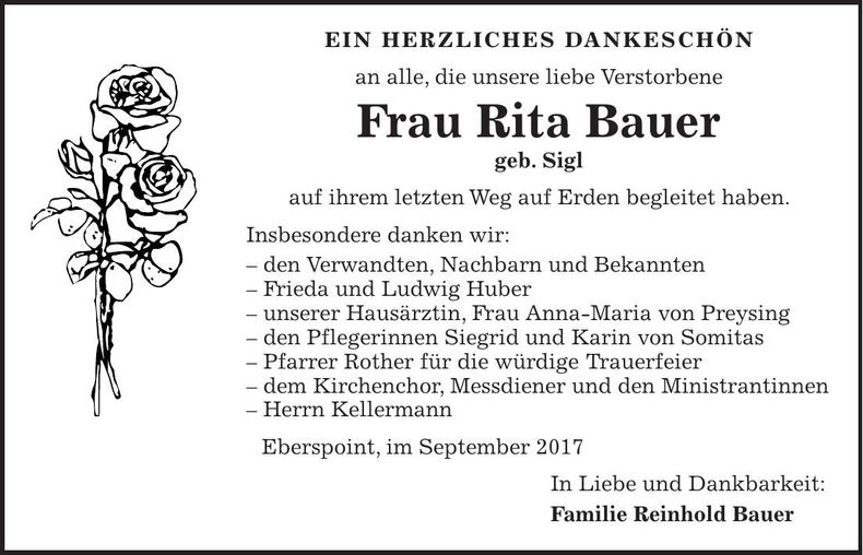 Traueranzeige Rita Bauer