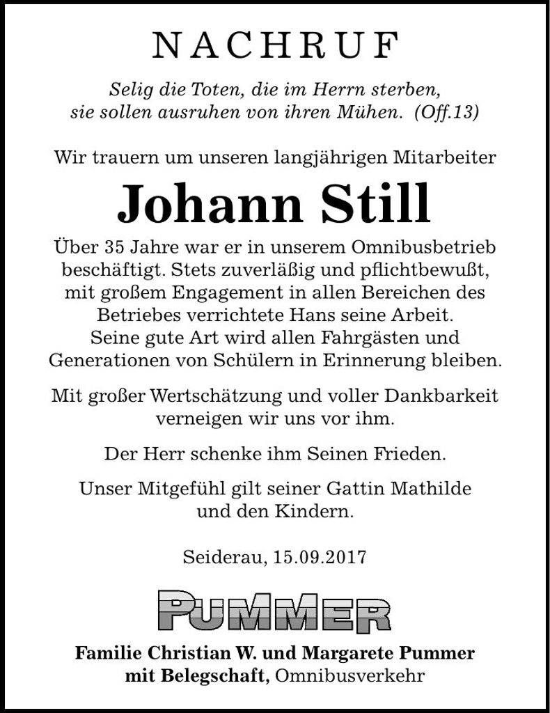 Traueranzeige Johann Still