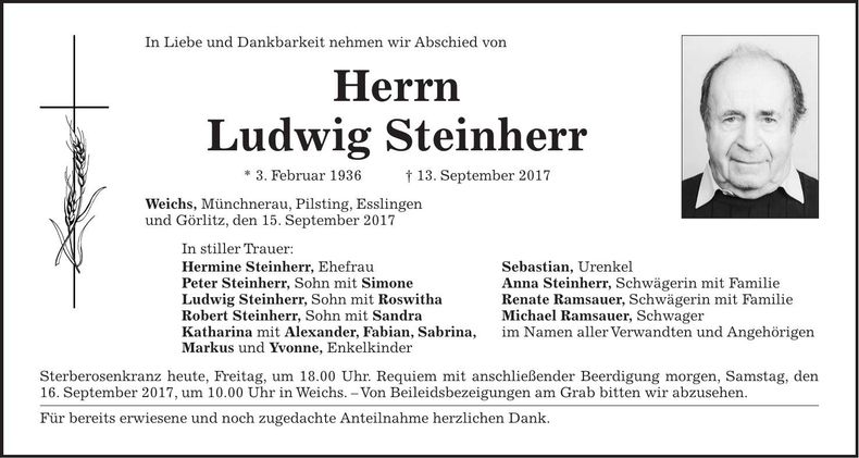 Traueranzeige Ludwig Steinherr