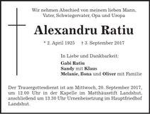 Traueranzeige Alexandru Ratiu