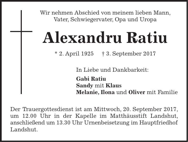 Traueranzeige Alexandru Ratiu