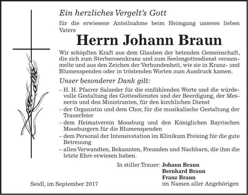 Traueranzeige Johann Braun