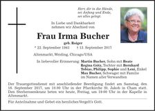Traueranzeige Irma Bucher