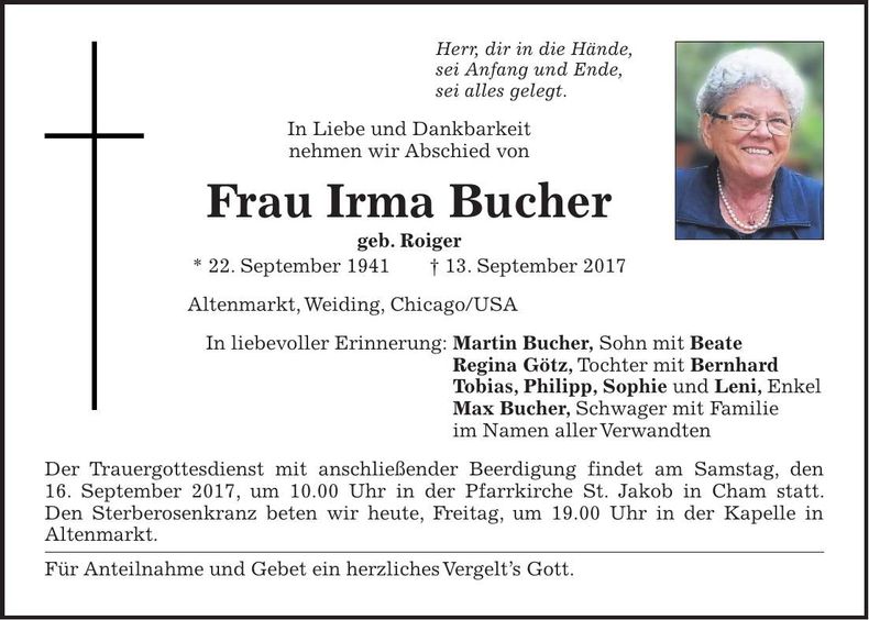 Traueranzeige Irma Bucher