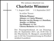 Traueranzeige Charlotte Wimmer