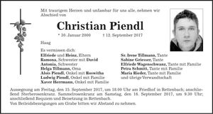 Traueranzeige Christian Piendl