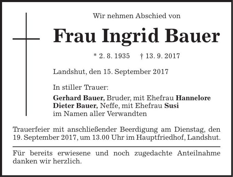 Traueranzeige Ingrid Bauer