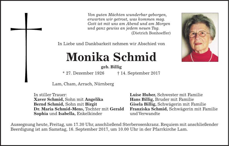 Traueranzeige Monika Schmid