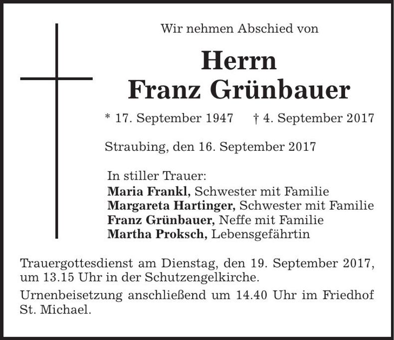 Traueranzeige Franz Grünbauer