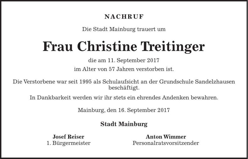Traueranzeige Christine Treitinger