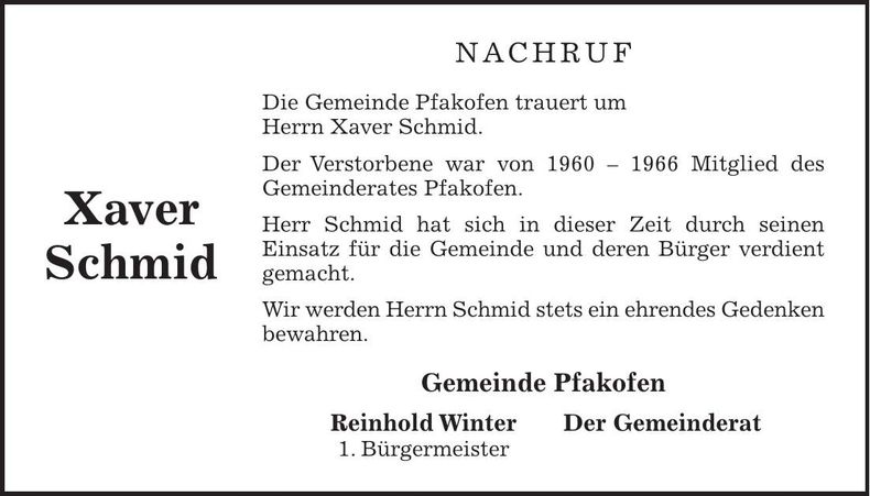 Traueranzeige Xaver Schmid