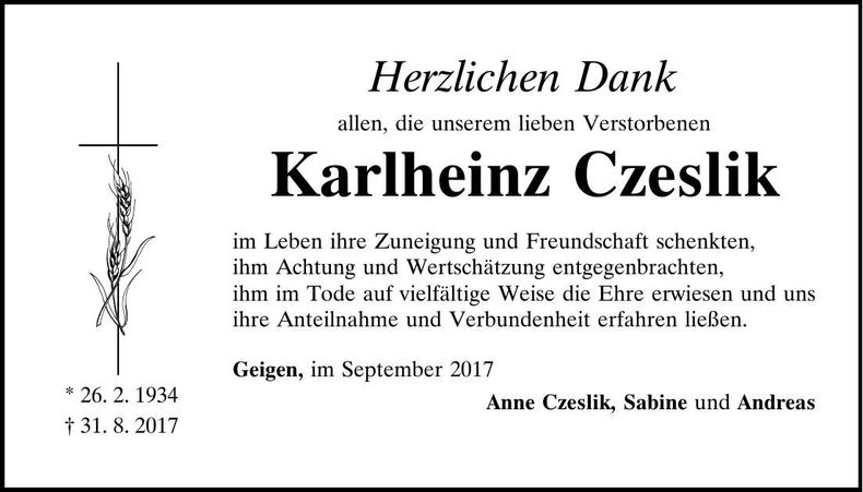 Traueranzeige Karlheinz Czeslik