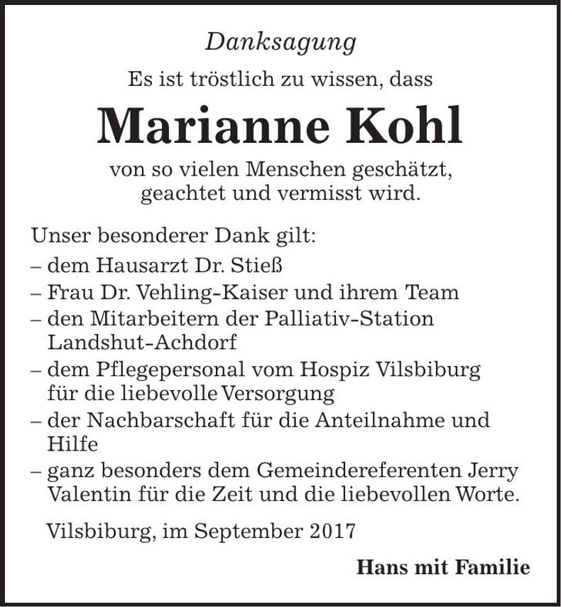 Traueranzeige Marianne Kohl