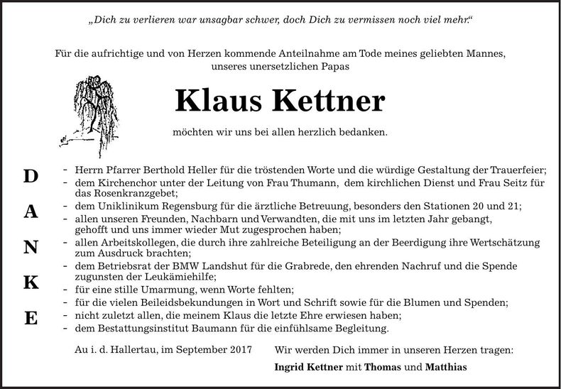 Traueranzeige Klaus Kettner