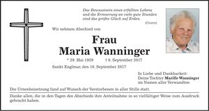 Traueranzeige Maria Wanninger