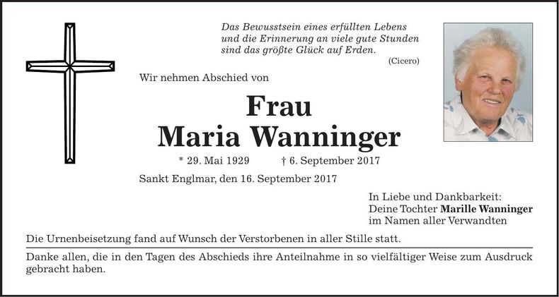 Traueranzeige Maria Wanninger