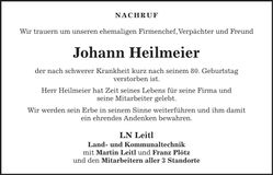 Traueranzeige Johann Heilmeier