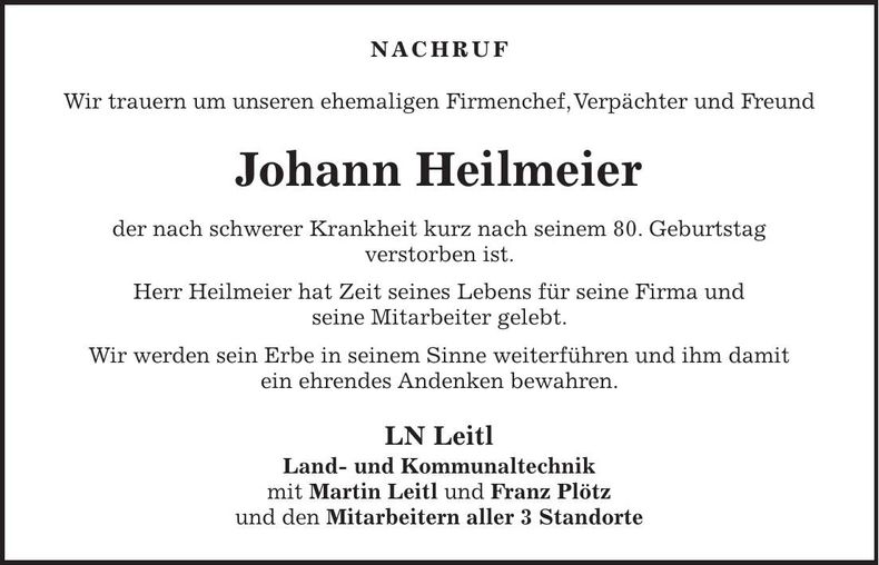 Traueranzeige Johann Heilmeier