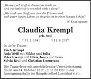 Traueranzeige Claudia Krempl