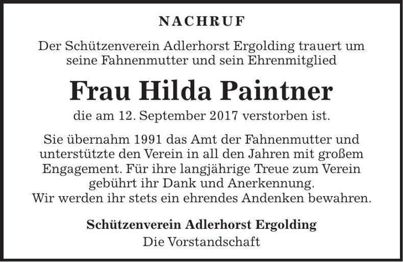 Traueranzeige Hilda Paintner