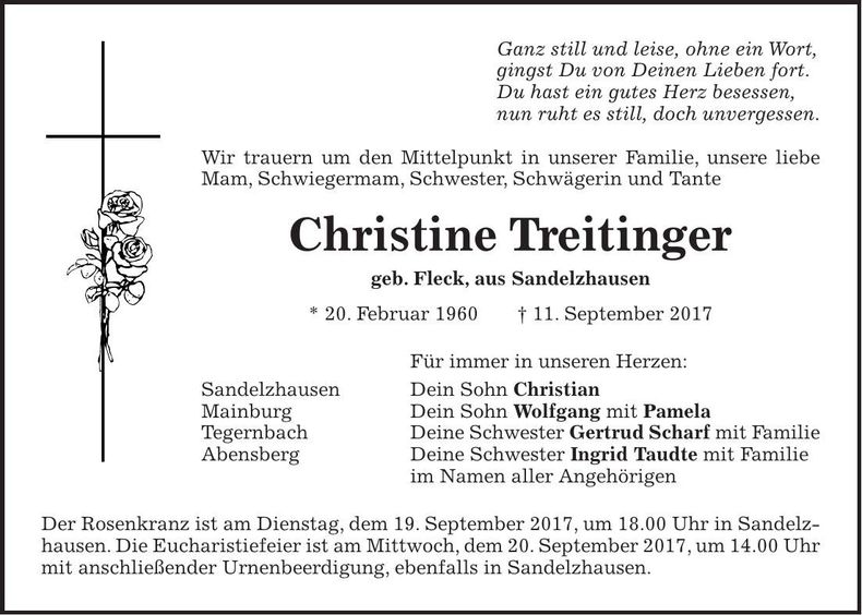 Traueranzeige Christine Treitinger