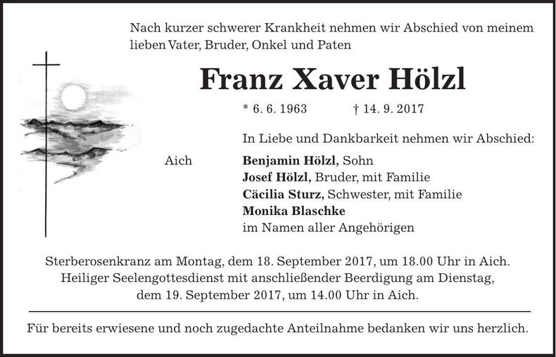 Traueranzeige Franz Xaver Hölzl