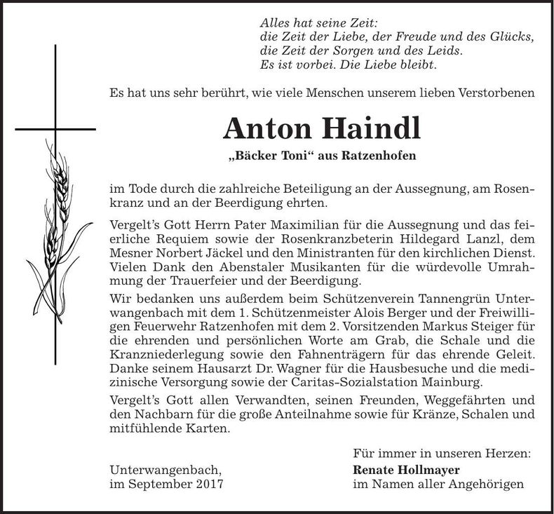 Traueranzeige Anton Haindl
