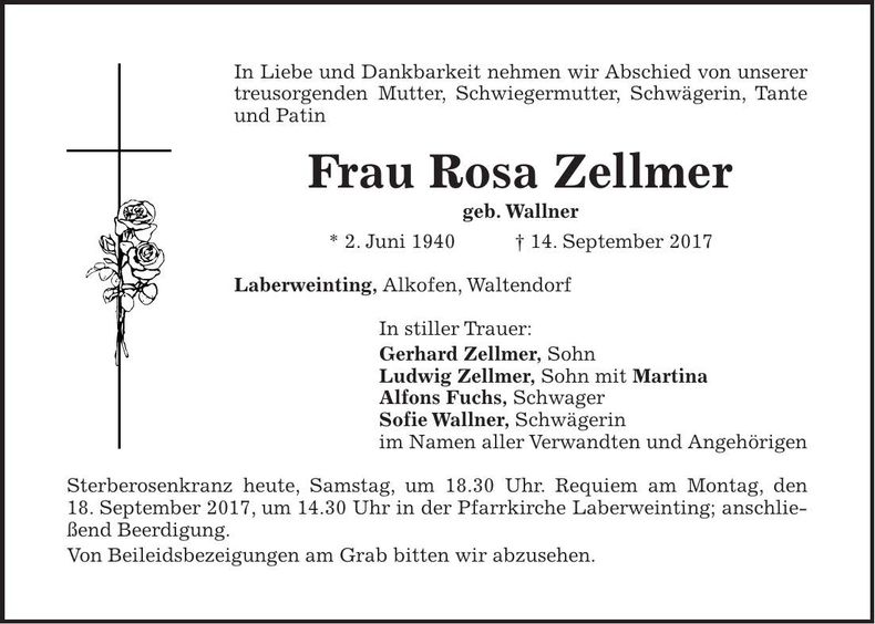 Traueranzeige Rosa Zellmer