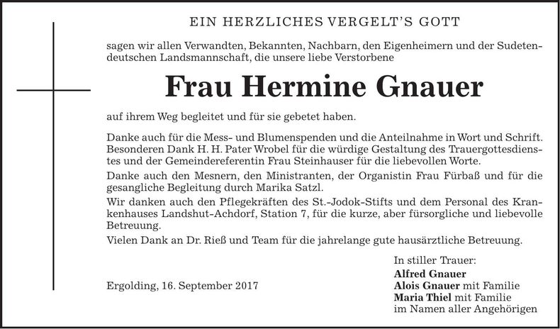 Traueranzeige Hermine Gnauer