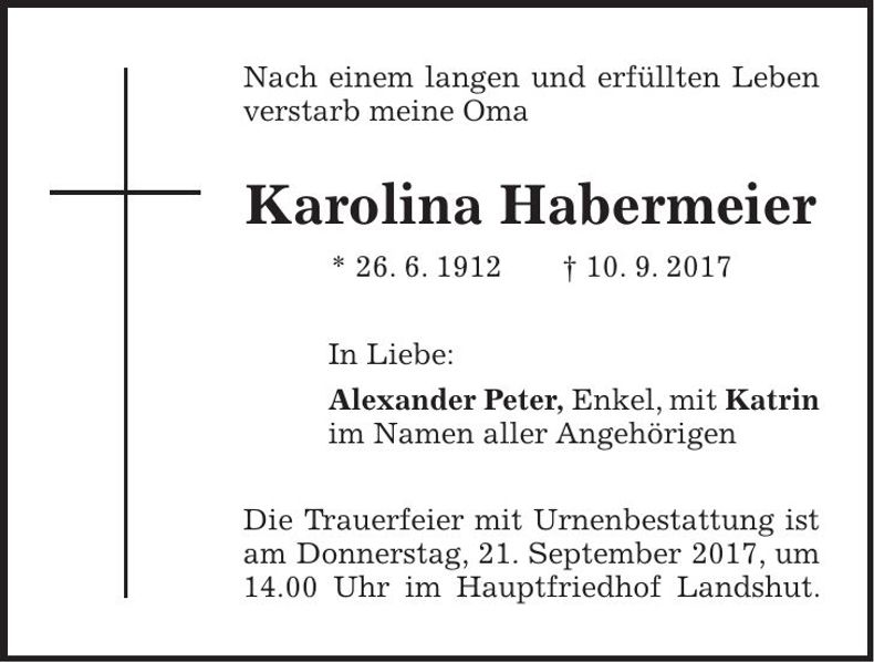 Traueranzeige Karolina Habermeier