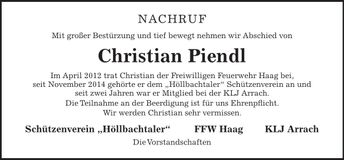 Traueranzeige Christian Piendl