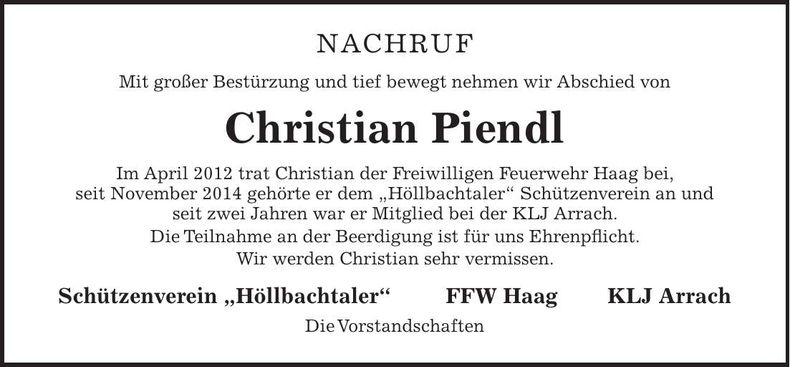 Traueranzeige Christian Piendl