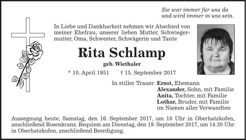 Traueranzeige Rita Schlamp