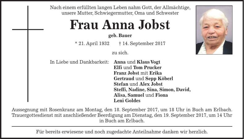 Traueranzeige Anna Jobst