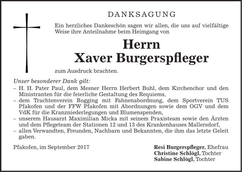 Traueranzeige Xaver Burgerspfleger