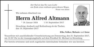 Traueranzeige Alfred Altmann