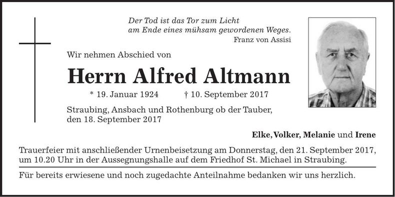 Traueranzeige Alfred Altmann