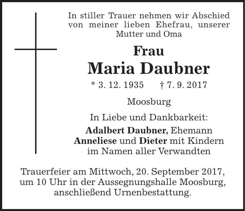 Traueranzeige Maria Daubner