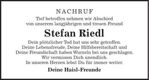 Traueranzeige Stefan Riedl