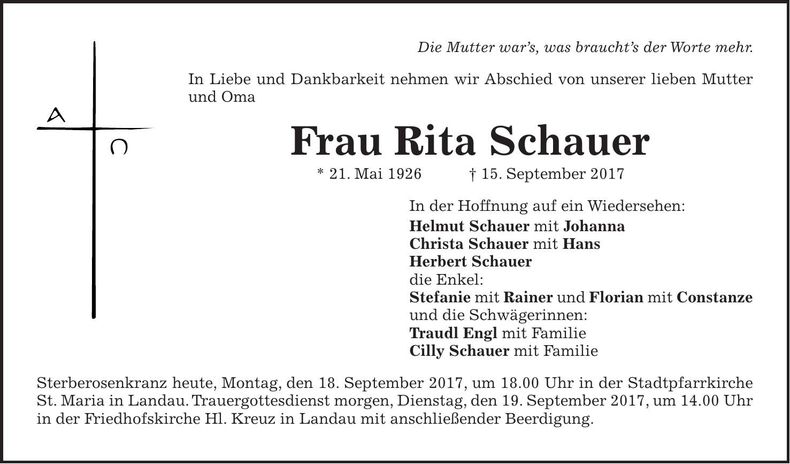 Traueranzeige Rita Schauer