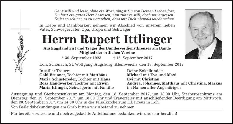 Traueranzeige Rupert Ittlinger