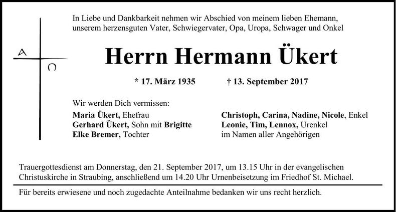 Traueranzeige Hermann Ükert