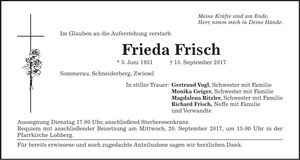 Traueranzeige Frieda Frisch