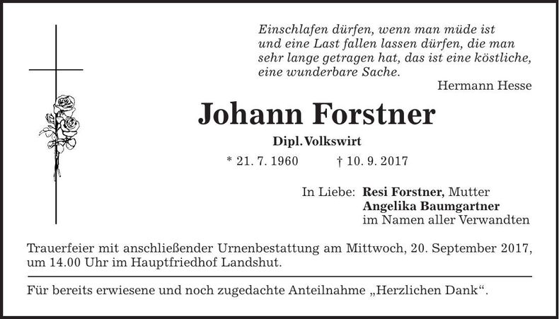 Traueranzeige Johann Forstner