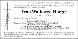 Traueranzeige Walburga Hörger