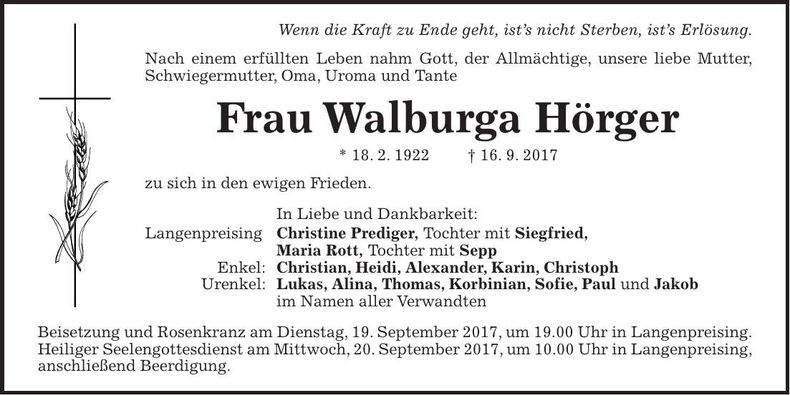 Traueranzeige Walburga Hörger