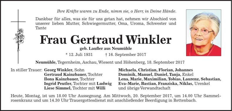 Traueranzeige Gertraud Winkler