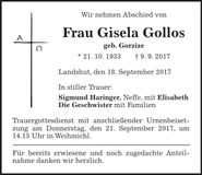 Traueranzeige Gisela Gollos