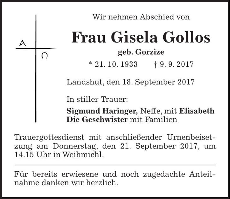 Traueranzeige Gisela Gollos